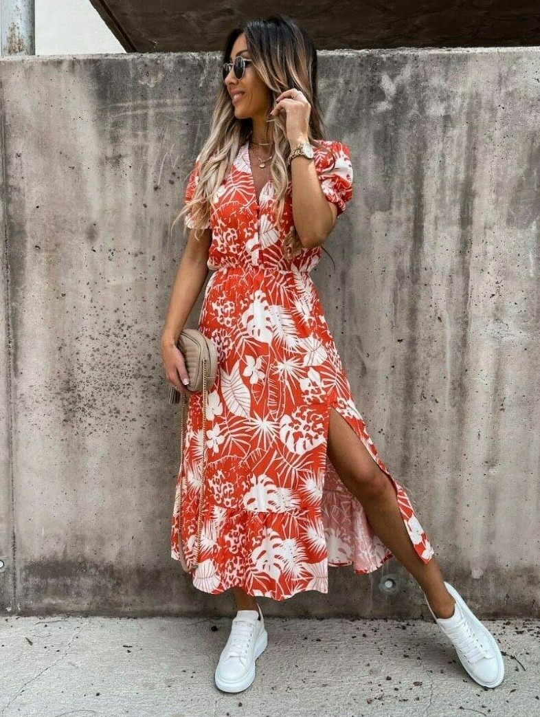 Women Boho Floral Print V-Neck Short Sleeve Midi Dress Casual Party  Sundress | eBay